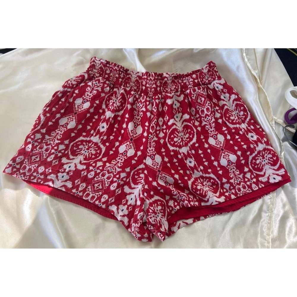 Knox Rose Womens Boho High Rise Smocked Elastic Waist Lined Shorts Red White M
